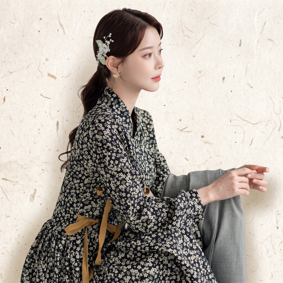 Contrast Ribbon Accent Korean Heritage Linen Wrap Dress Hanbok Ditsy Floral