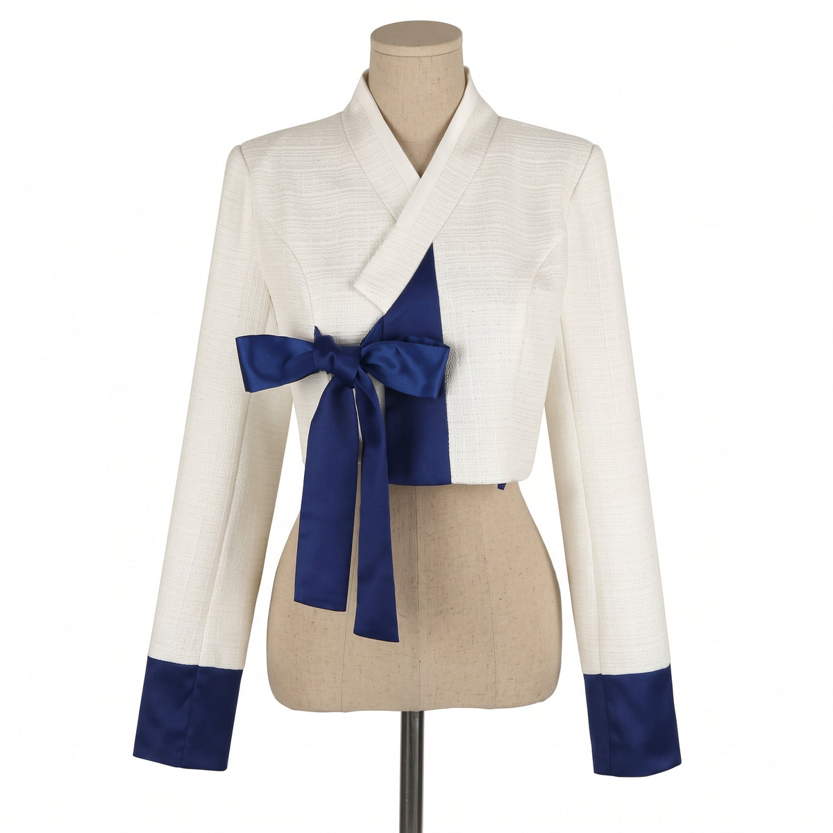 Korean Heritage Blouse Hanbok Satin-Trimmed Tweed - Ivory