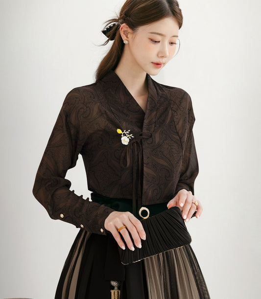 Korean Egret Flower Hanbok Blouse: Sheer Floral Jeogori Top