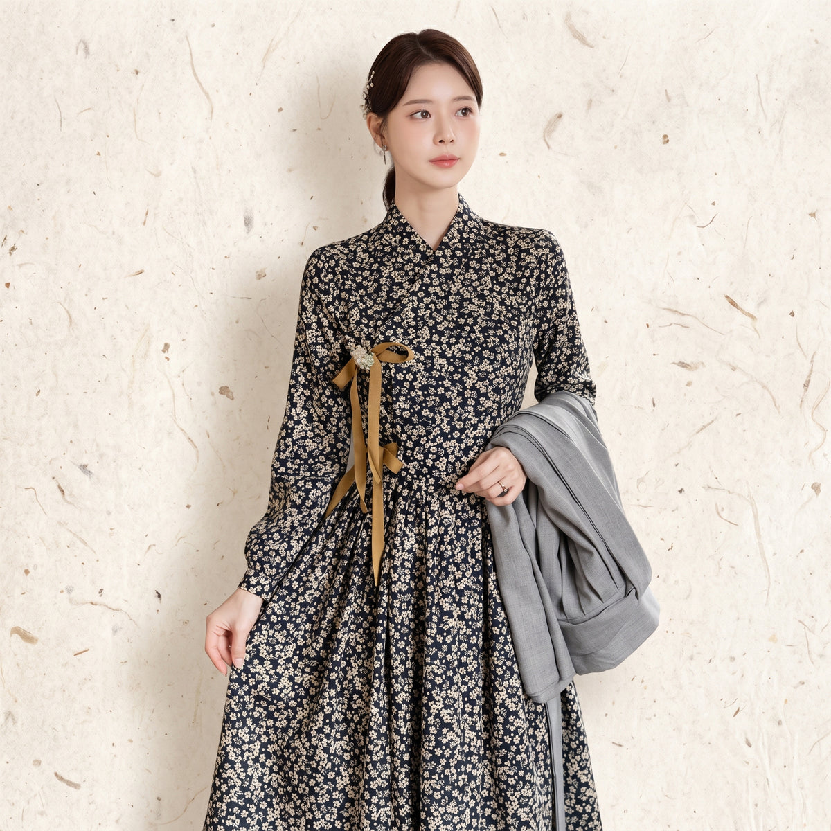 Contrast Ribbon Accent Korean Heritage Linen Wrap Dress Hanbok Ditsy Floral