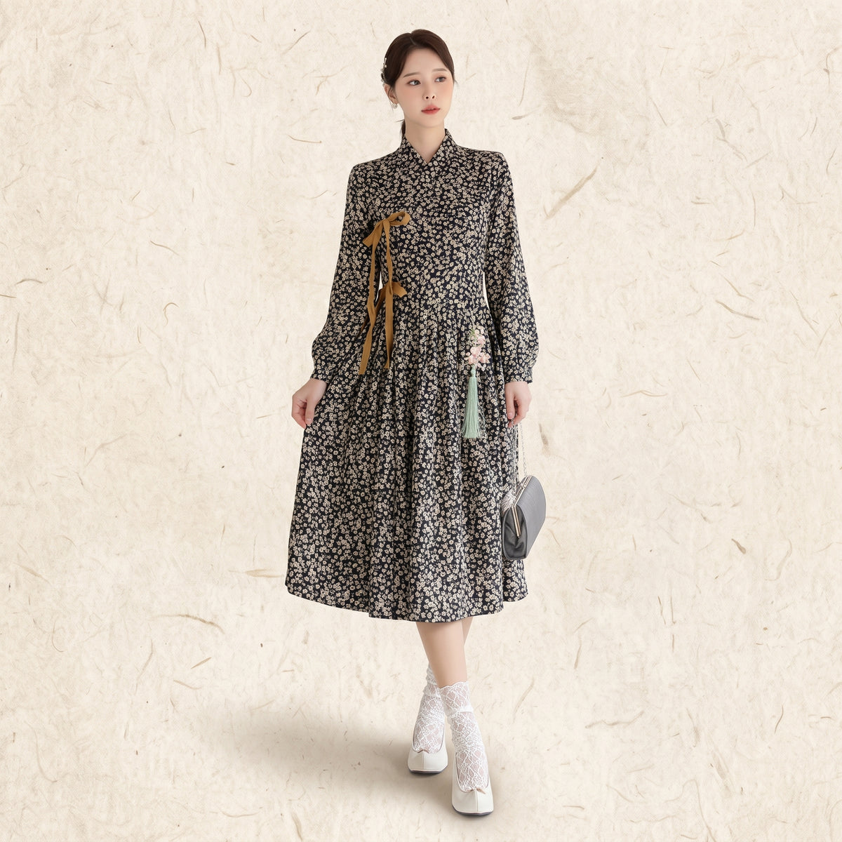 Contrast Ribbon Accent Korean Heritage Linen Wrap Dress Hanbok Ditsy Floral