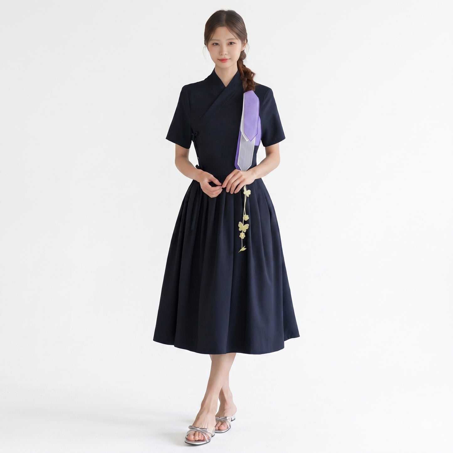 Korean Heritage Linen Wrap Dress Gerbera - Navy