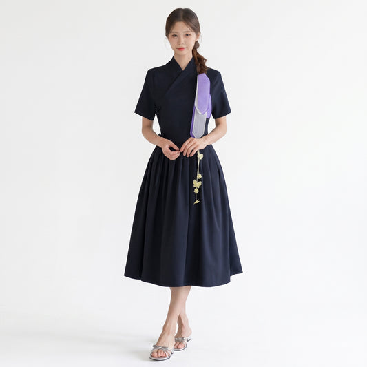 Korean Heritage Linen Wrap Dress Gerbera - Navy