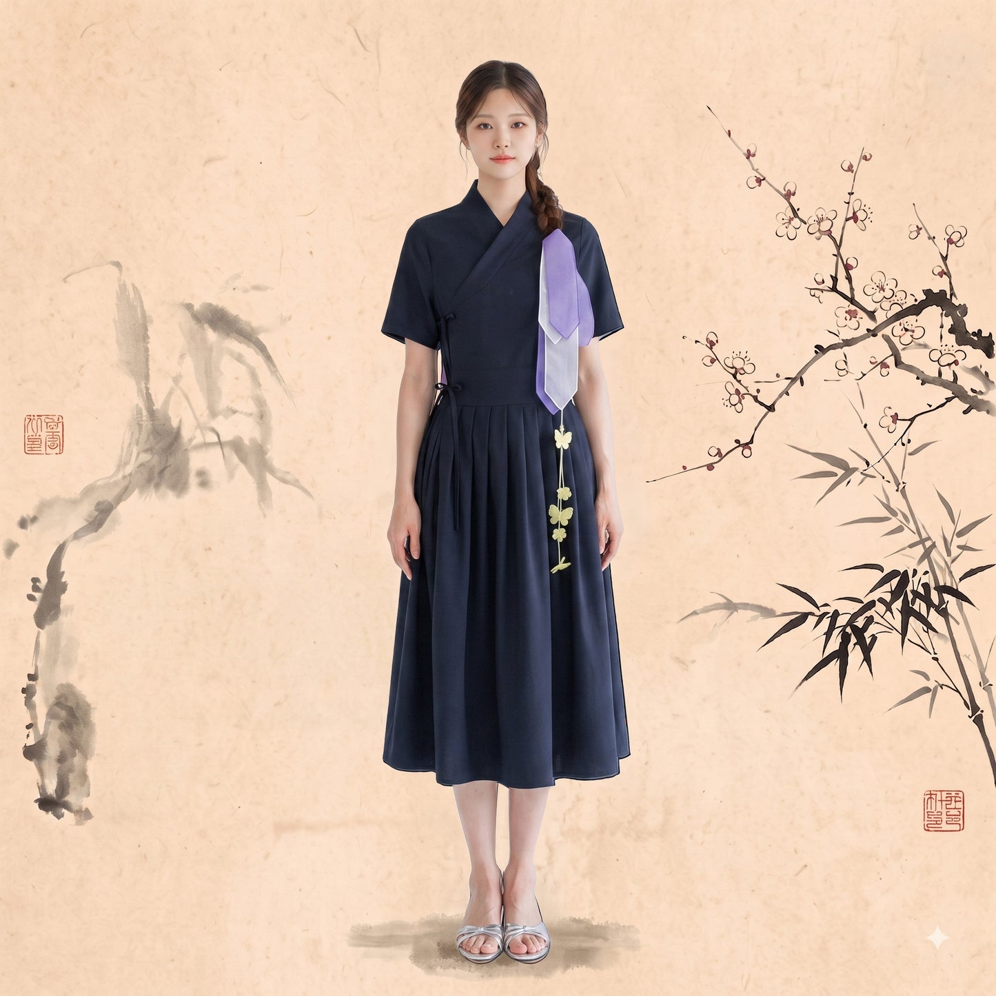Korean Heritage Linen Wrap Dress Gerbera - Navy