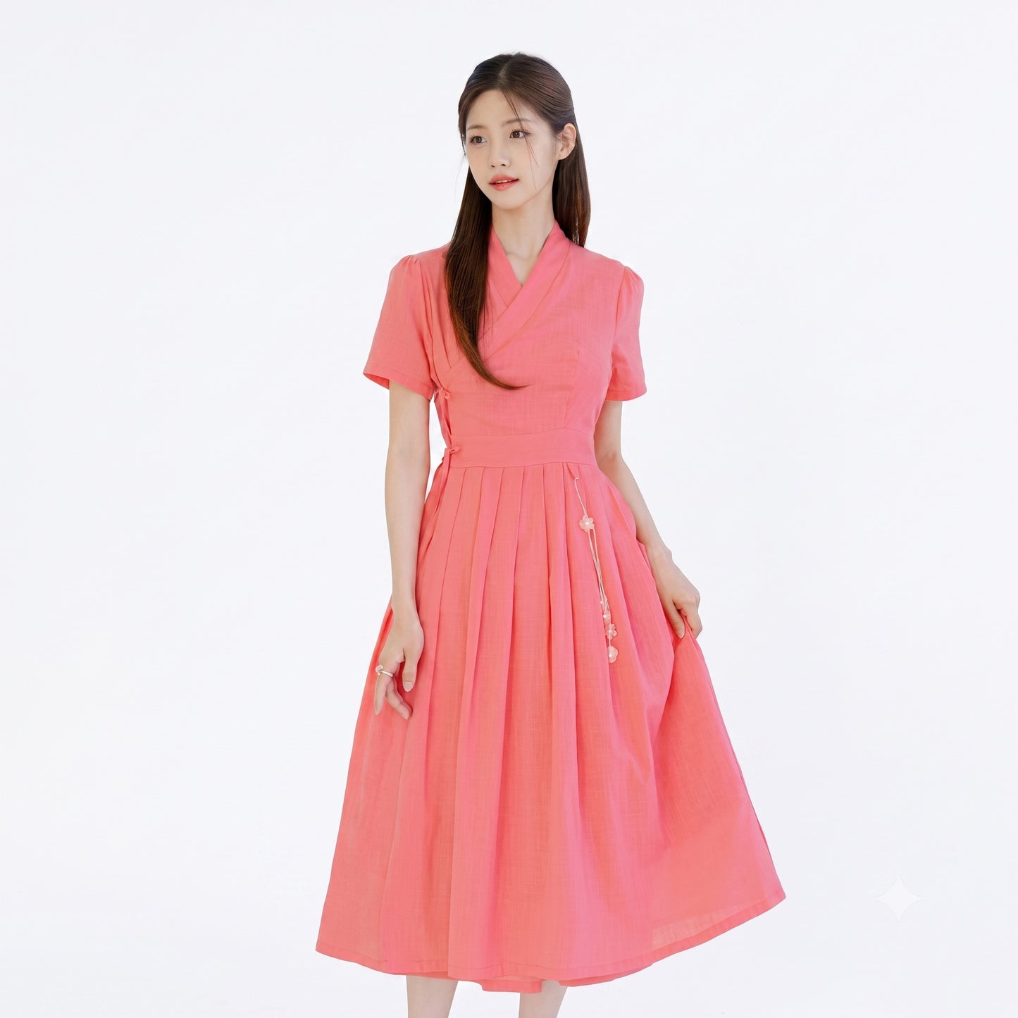 Korean Modern Hanbok Linen-Touch Dress Heenari (Indian Pink)