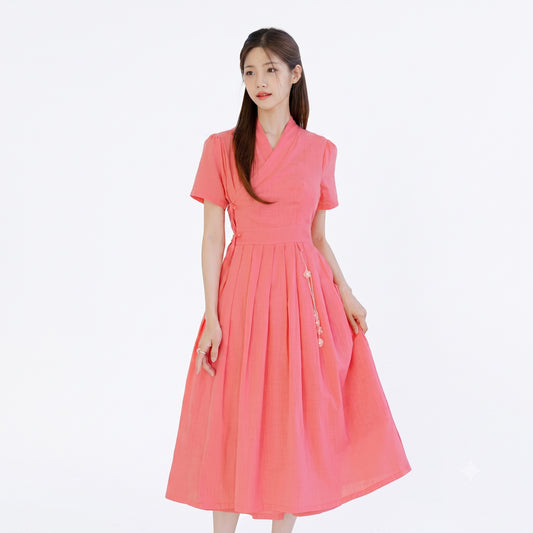 Korean Modern Hanbok Linen-Touch Dress Heenari (Indian Pink)