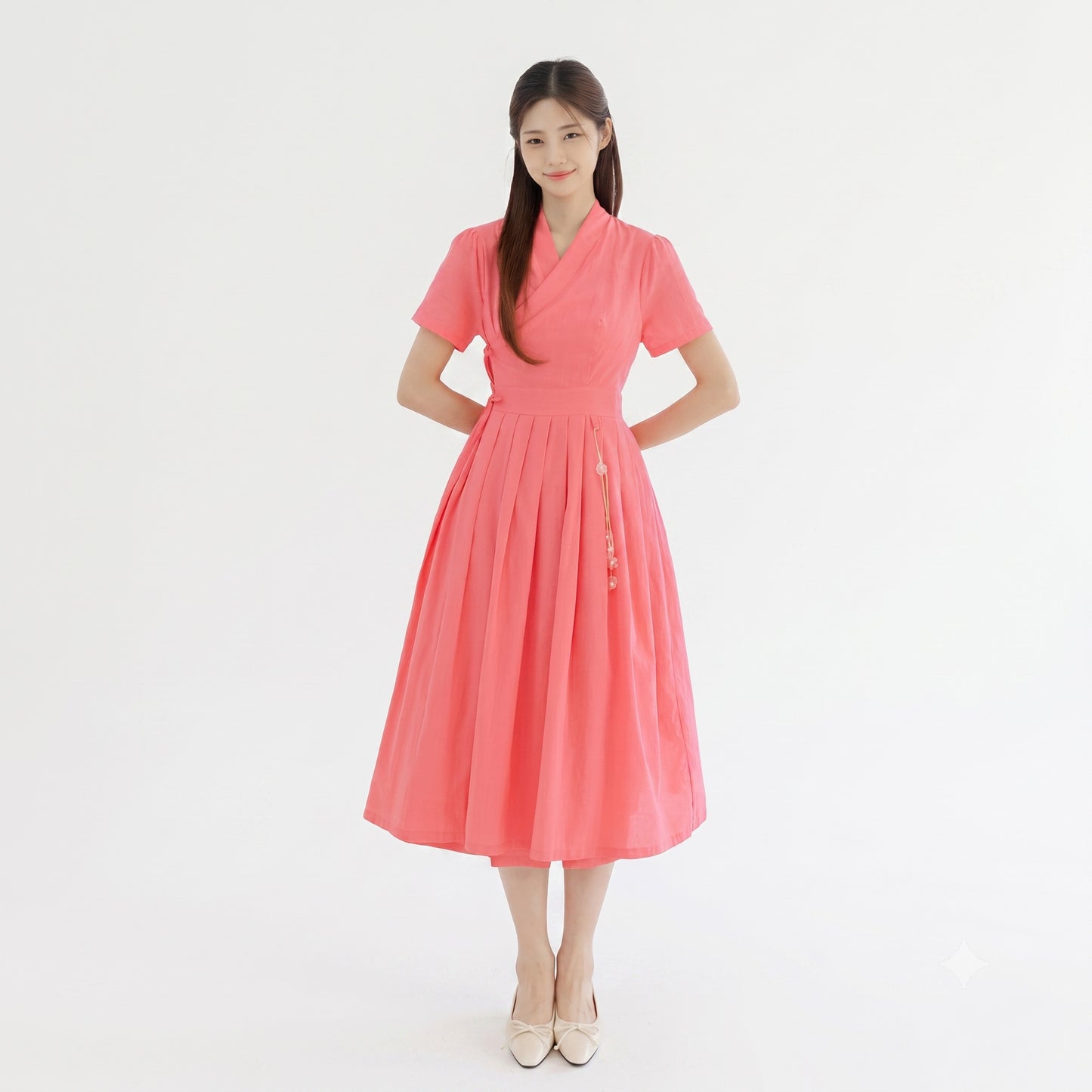Korean Modern Hanbok Linen-Touch Dress Heenari (Indian Pink)