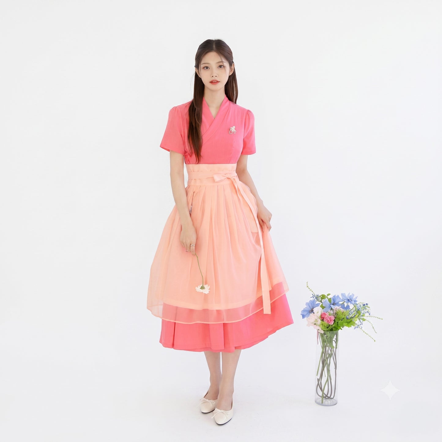 Korean Modern Hanbok Linen-Touch Dress Heenari (Indian Pink)