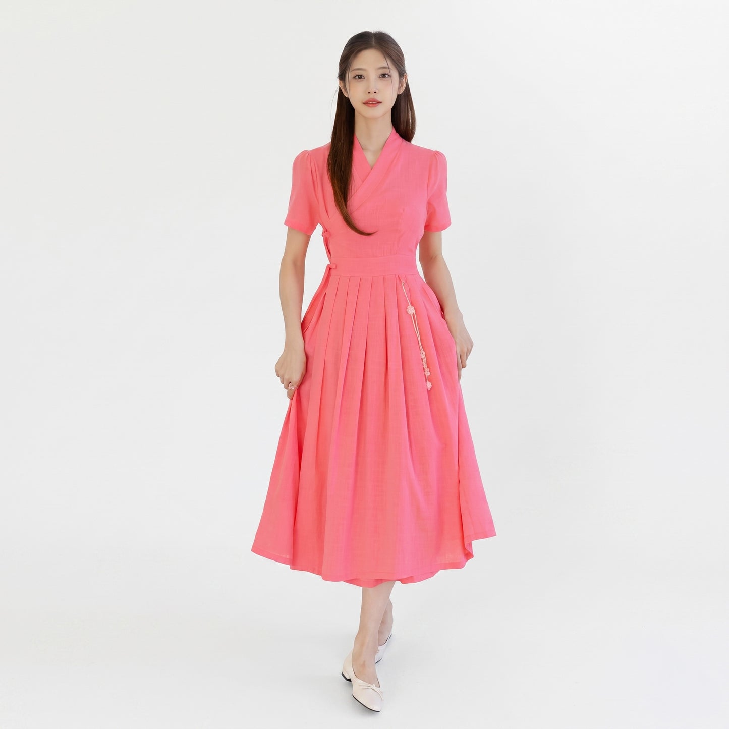 Korean Modern Hanbok Linen-Touch Dress Heenari (Indian Pink)