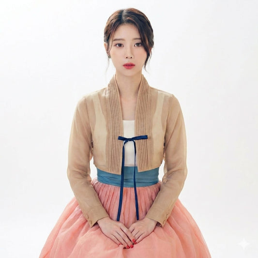 Korean Floral Blouse. Azure Moon Sheer Organza Hanbok Jeogori