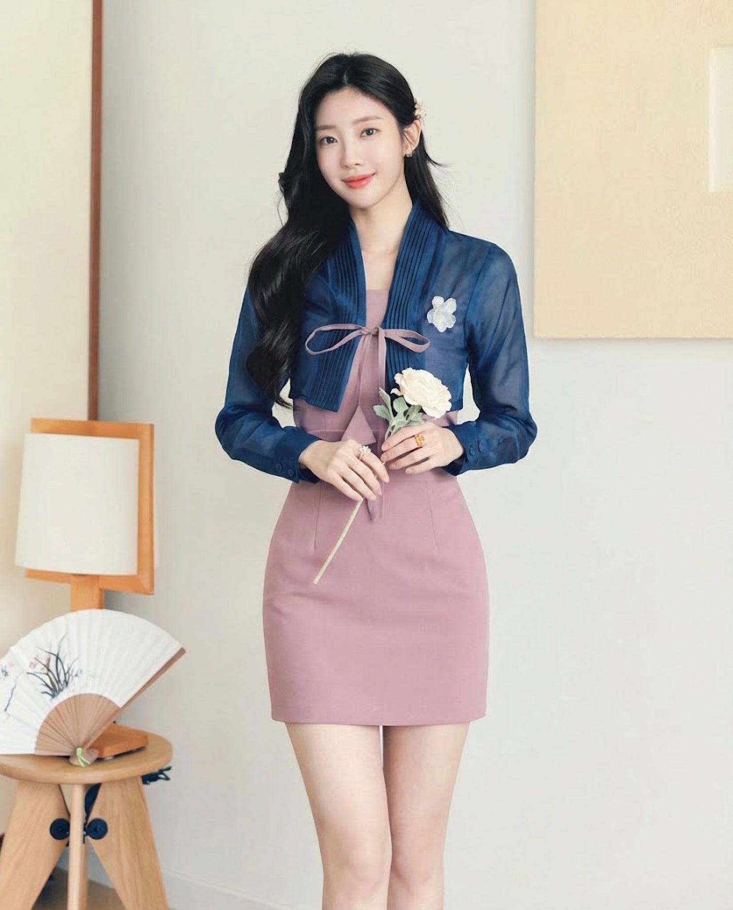 Korean Floral Blouse. Azure Moon Sheer Organza Hanbok Jeogori