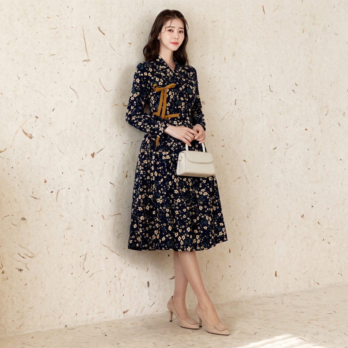 Korean Heritage Linen Wrap Dress Hanbok Cozy Fleece-Lined