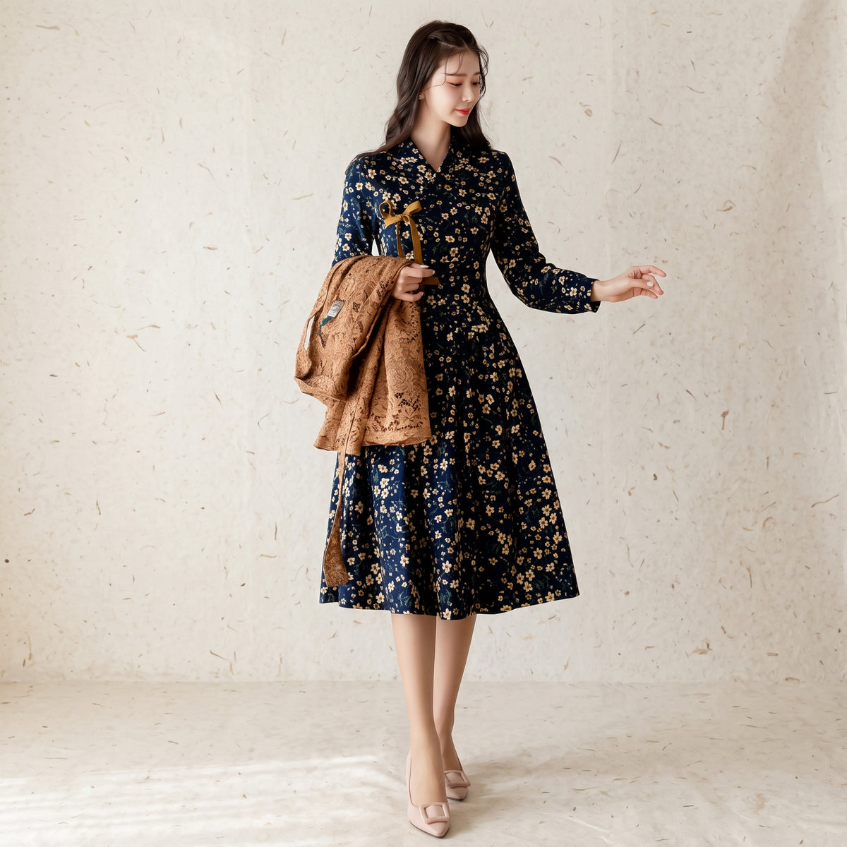Korean Heritage Linen Wrap Dress Hanbok Cozy Fleece-Lined