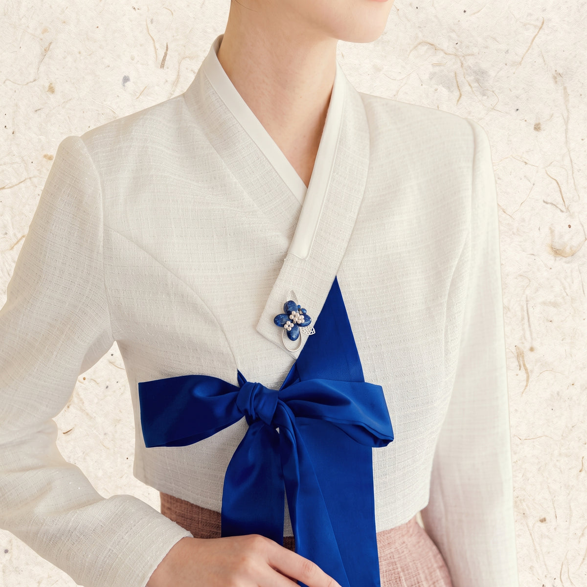 Korean Heritage Blouse Hanbok Satin-Trimmed Tweed - Ivory