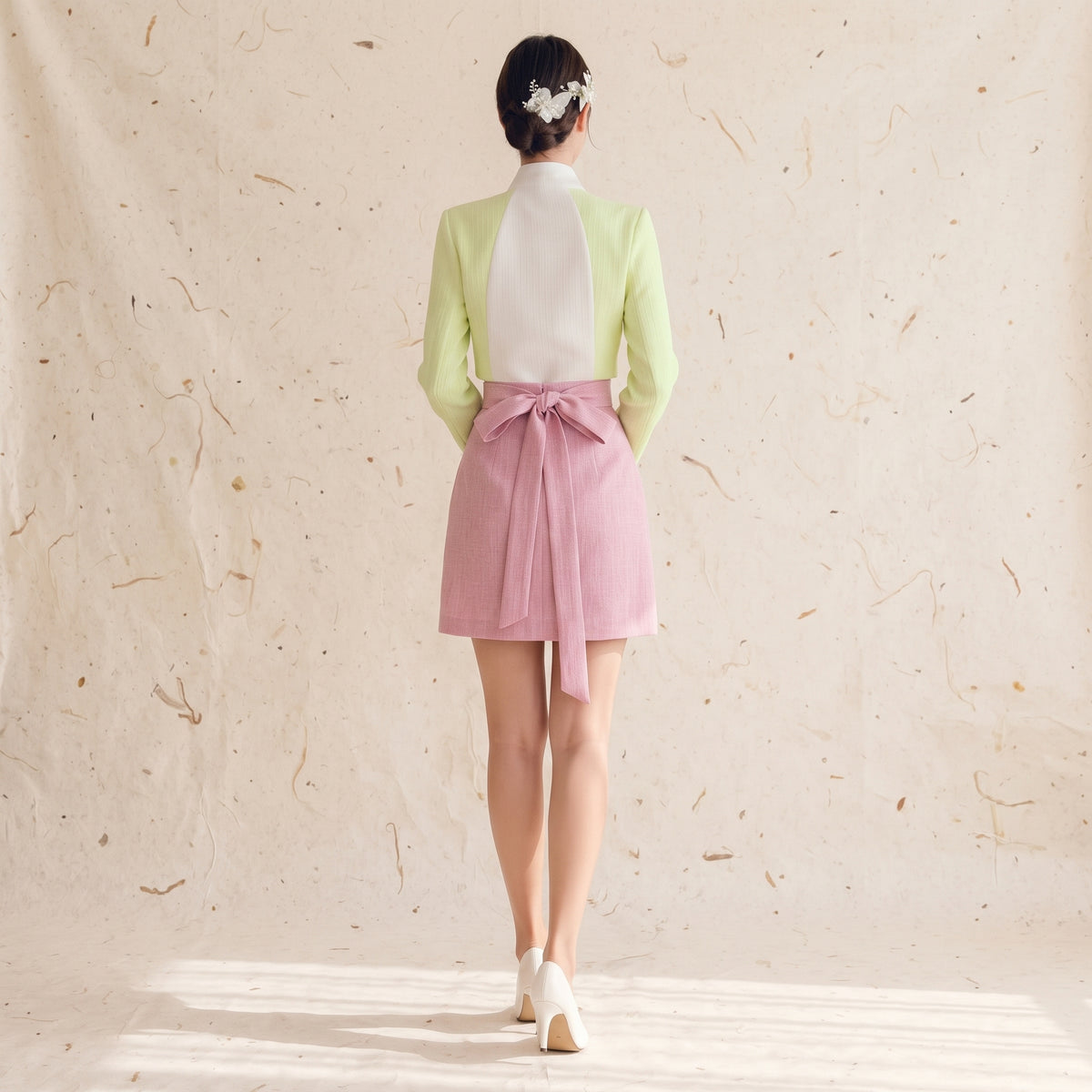 Korean Heritage Blouse Hanbok Satin-Trimmed Tweed - green