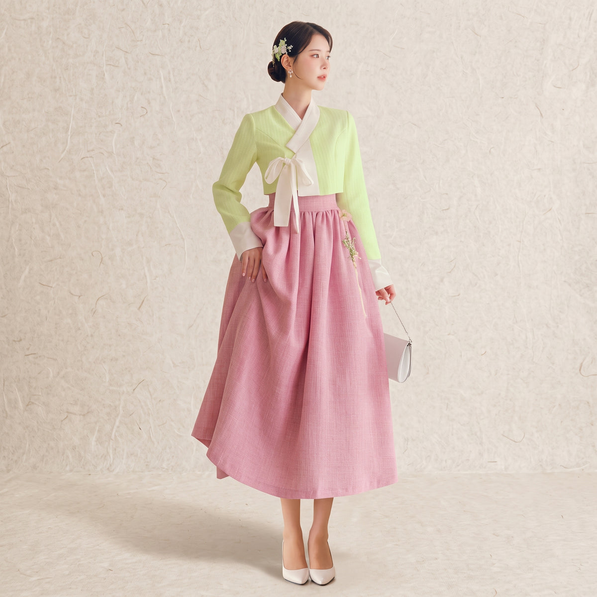 Korean Heritage Blouse Hanbok Satin-Trimmed Tweed - green