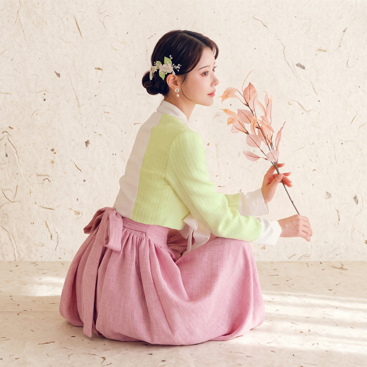 Korean Heritage Blouse Hanbok Satin-Trimmed Tweed - green