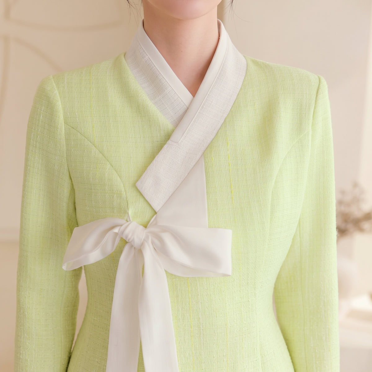 Korean Heritage Blouse Hanbok Satin-Trimmed Tweed - green