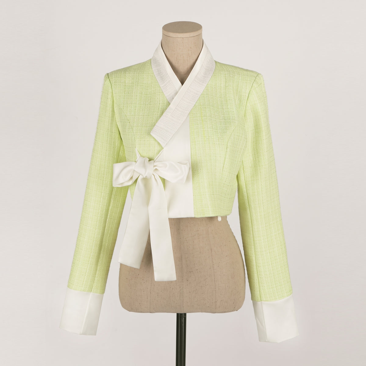 Korean Heritage Blouse Hanbok Satin-Trimmed Tweed - green