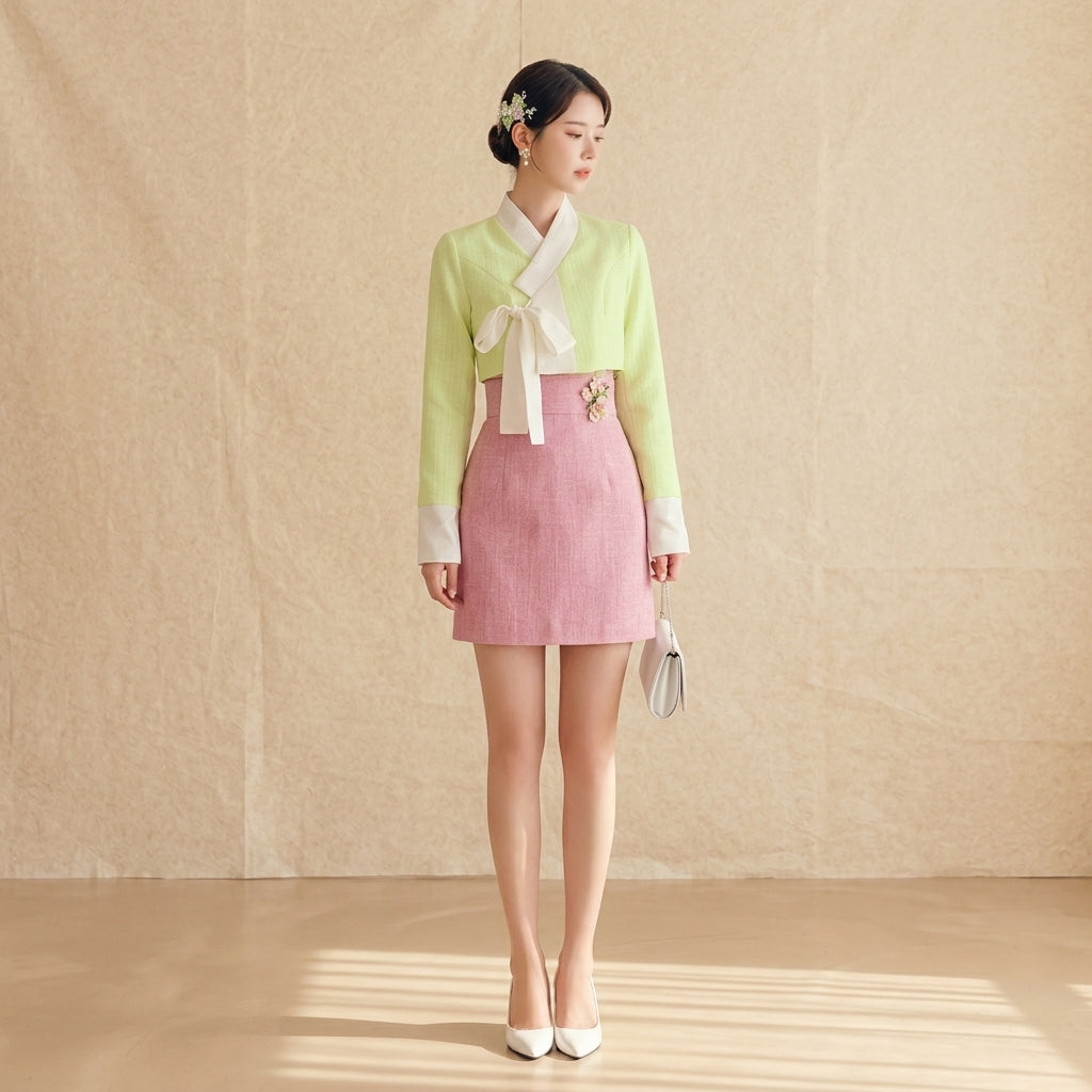 Korean Heritage Blouse Hanbok Satin-Trimmed Tweed - green